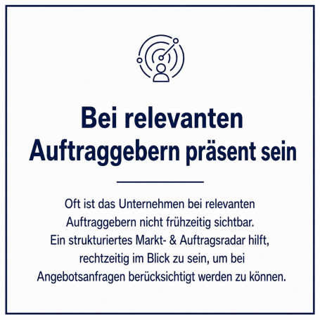 Text auf blauem Hintergrund: Wichtigkeit, bei relevanten Auftraggebern präsent zu sein.