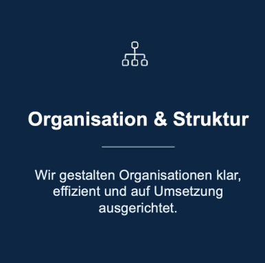 Blaues Hintergrunddesign mit Text über klare und effiziente Organisationsstrukturen.
