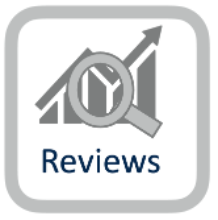 Grafik mit einer Lupe über einem Diagramm und dem Text „Reviews“.