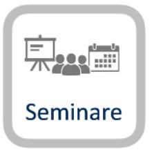 Icon für Seminare mit Flipchart, Personen und Kalender.