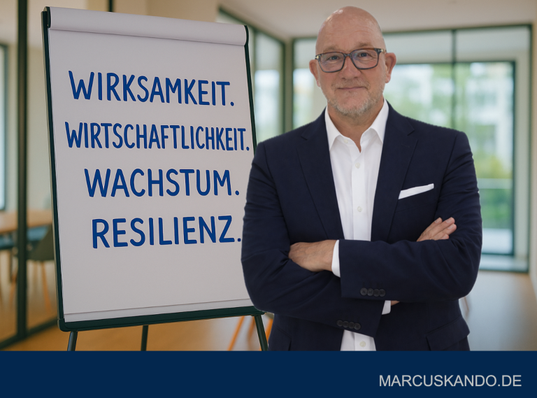Vier Quadranten mit Begriffen: Wirksamkeit, Wirtschaftlichkeit, Wachstum, Resilienz. Elemente darunter.