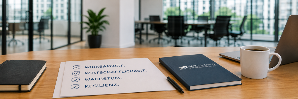 Schreibtisch mit Notizblock, Tasse Kaffee und Pflanzen im modernen Büro.